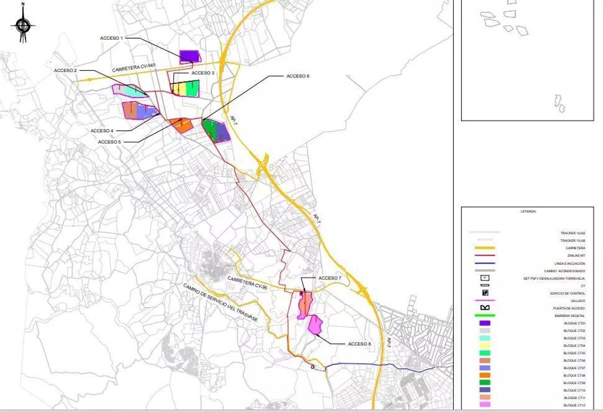 Distribución de las ocho islas de suelo para para placas solares interconectados para dotar de energía a la planta solar de Torrevieja. Esos suelos forman parte de explotaciones agrícolas de cítricos y hortalizas