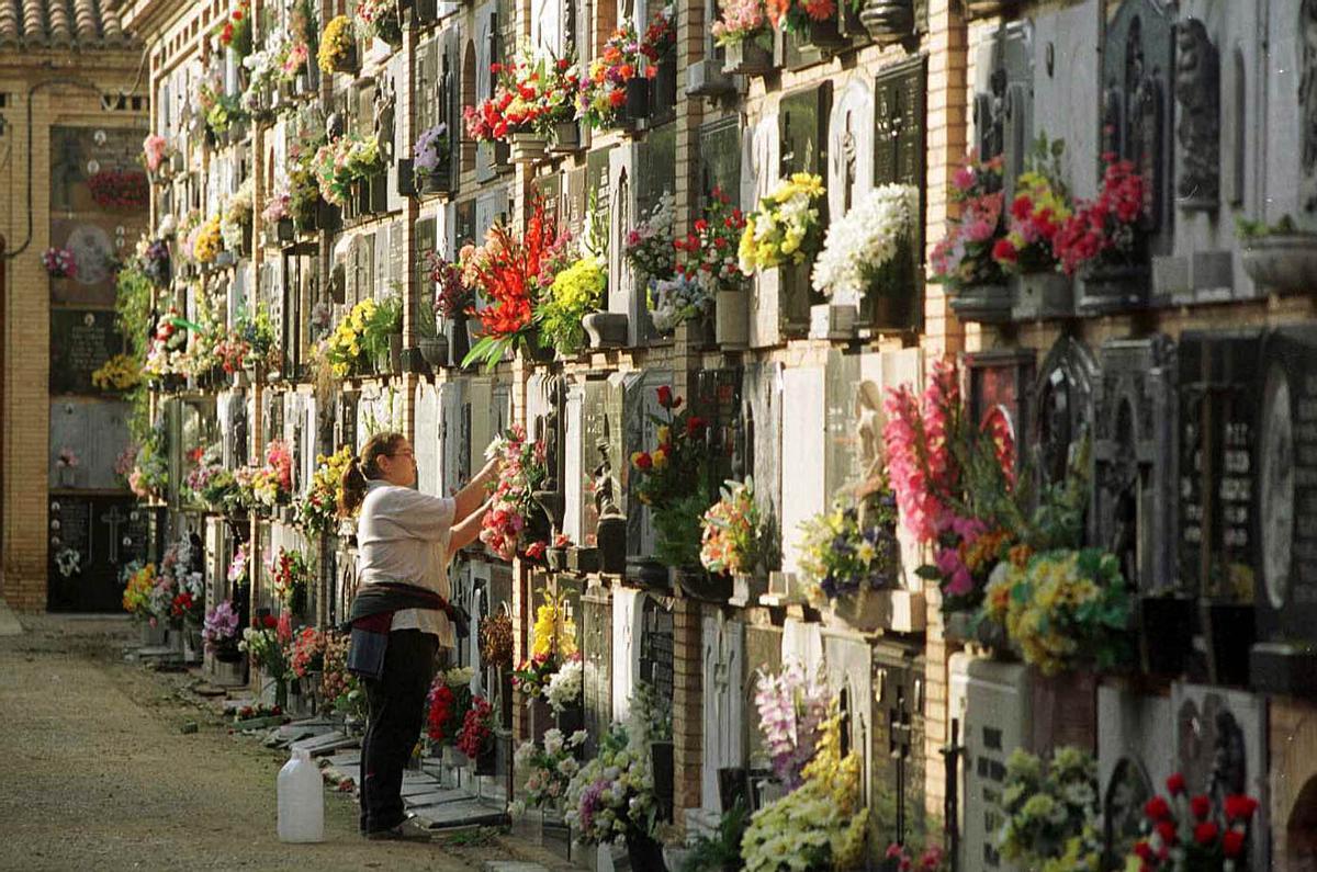 Una mujer limpiando un nicho en el Cementerio General de València