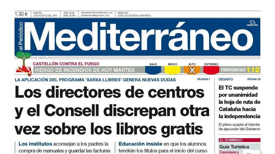 Los directores de centros y el Consell discrepan otra vez sobre los libros de texto, en la portada de Mediterráneo