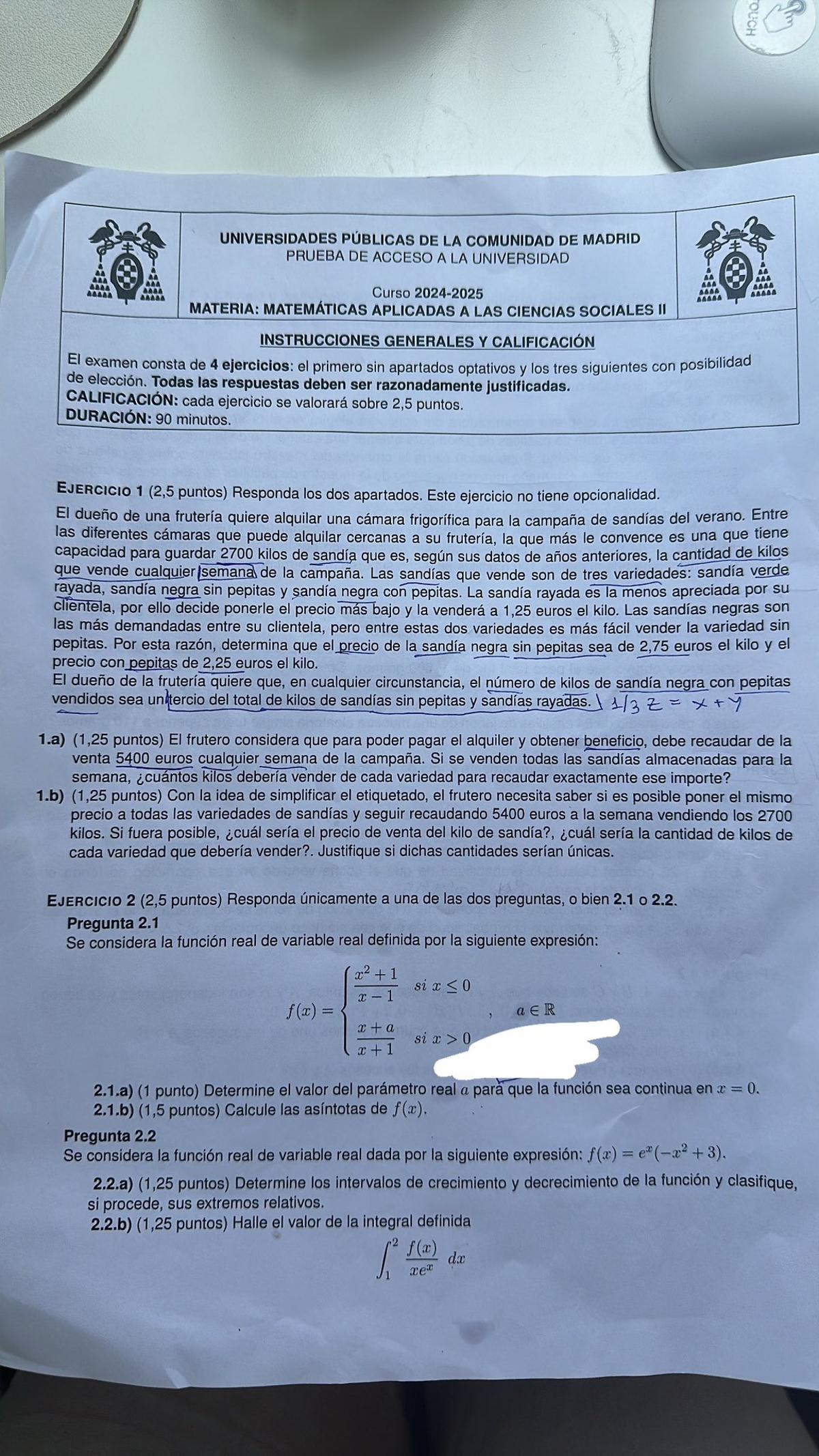 Examen de Matemáticas Aplicadas a las Ciencias Sociales en la PAU de Madrid