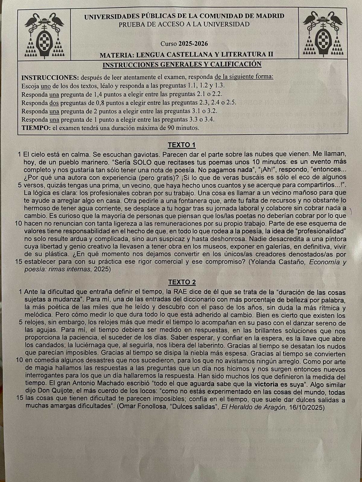 Examen de Lengua Castellana y Literatura de la modalidad de Humanidades y CCSS, en Madrid.