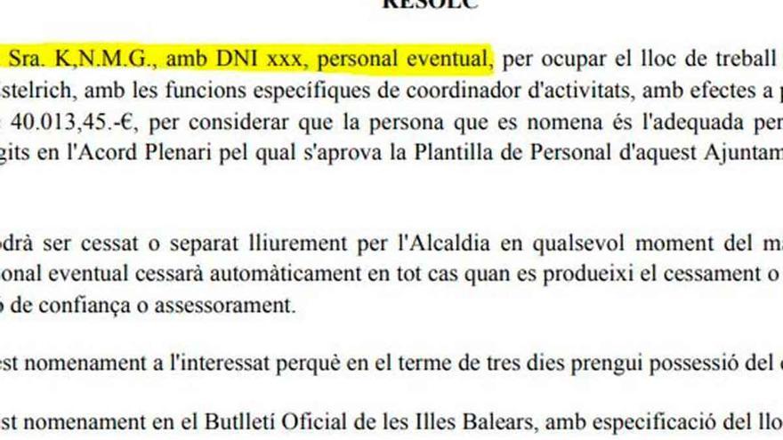 El BOIB publica con iniciales el nombre de la asesora del alcalde de Santa Margalida