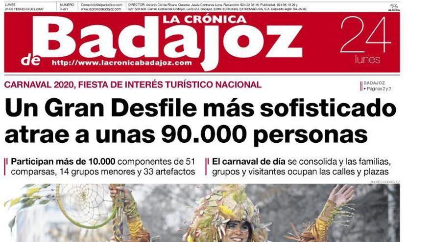 Esta es la portada de LA CRÓNICA DE BADAJOZ correspondiente al día 24 de febrero del 2020