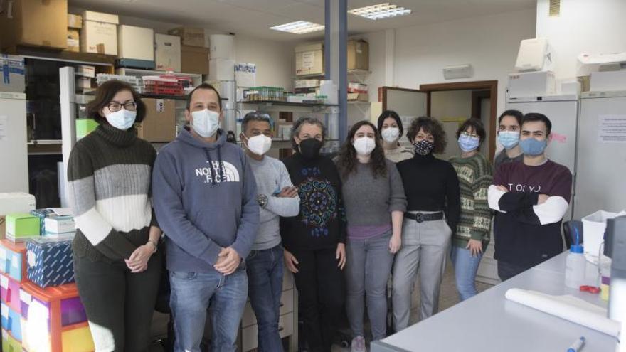 Parte del Grupo Arena: por la izquierda, Trinidad Pérez, Gonzalo Machado, Yaisel Borrell, Eva García, Carmen Blanco, Sara Fernández, Alba Ardura, Marta Moriano, Amaia Bilbao y Hugo Campillo, en uno de sus laboratorios, en la Facultad de Medicina. 