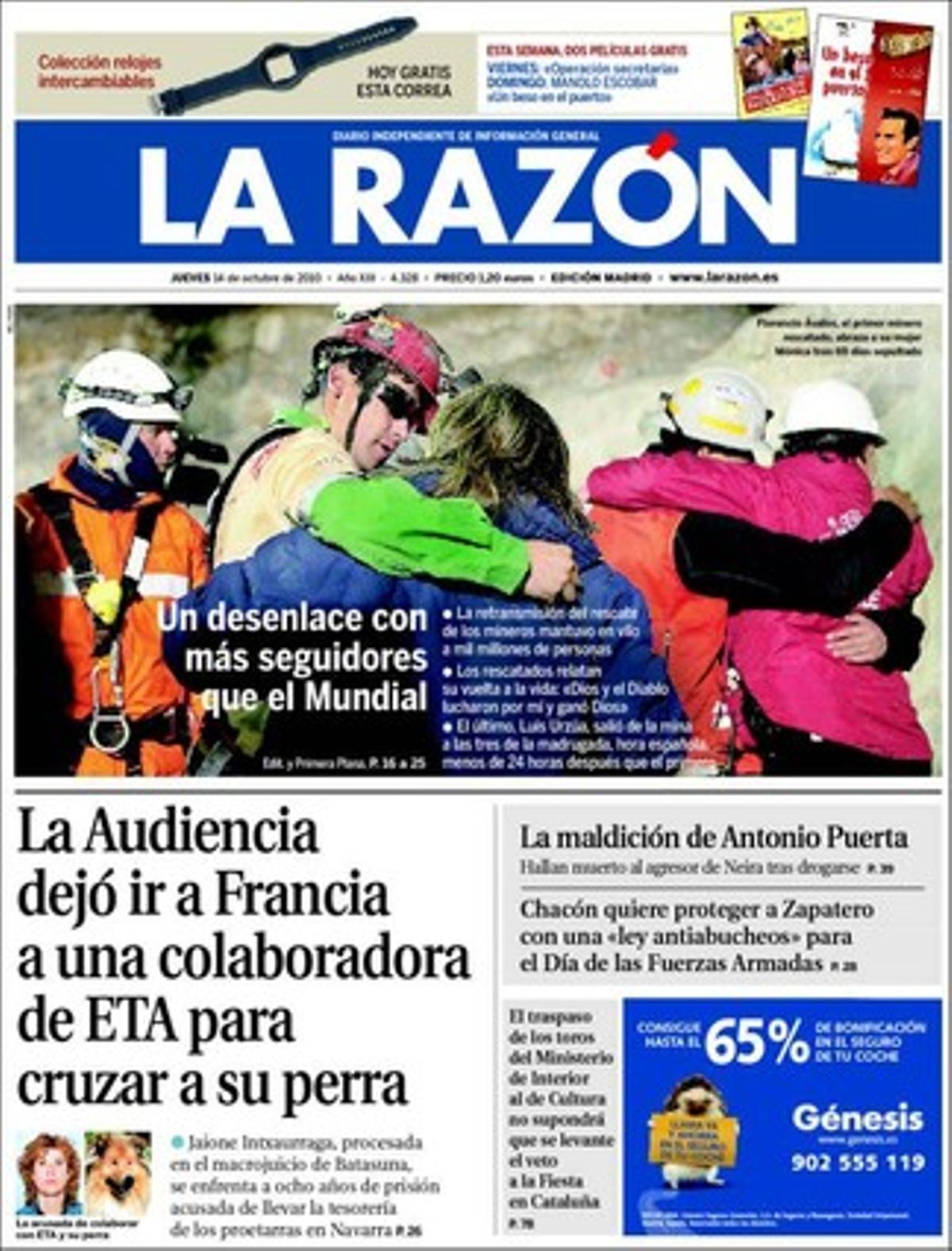 A dins, ’La Razón’ destaca que José Luis Rodríguez Zapatero i Iñigo Urkullu van sopar dimarts a la Moncloa per tancar l’acord dels pressupostos generals de l’Estat del 2011 i que el Ministeri de Sanitat ja ha rebut l’aval de les comunitats autònomes per fixar un límit de sis mesos per operar-se de diferents malalties.