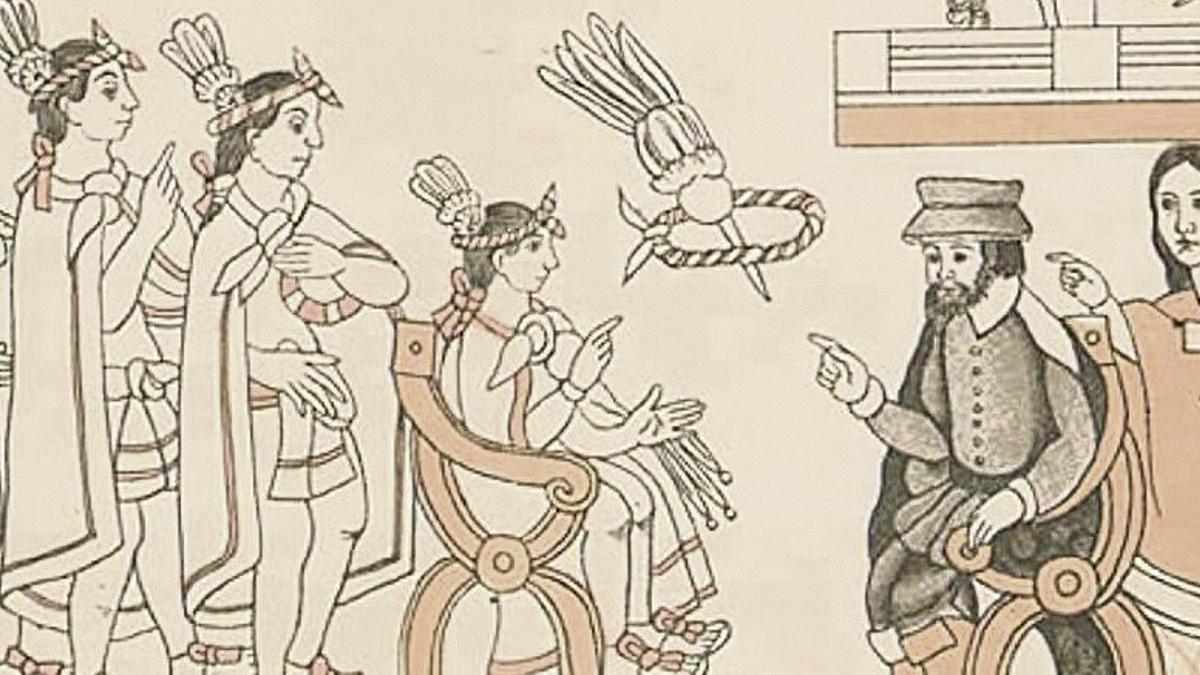 Una antigua representación de Hernán Cortés y Malinche en su encuentro con Moctezuma II en Tenochtitlan.