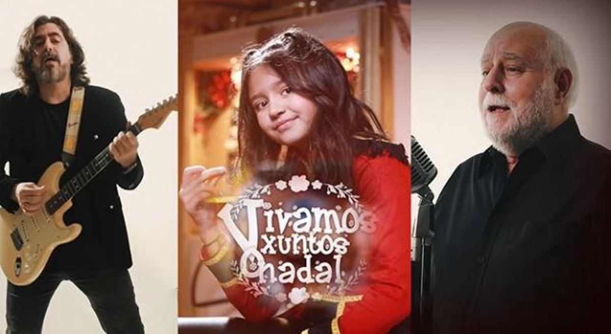 Juan Antepazo, Noa Antepazo e Arturo Sabugueiro, tres xeracións da mesma familia no mesmo videoclip de Nadal. | // CRTVG