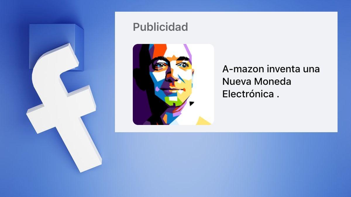 Publicidad aparecida en Facebook de una ficticia criptomoneda de Amazon en la que se usa la imagen de Jeff Bezos