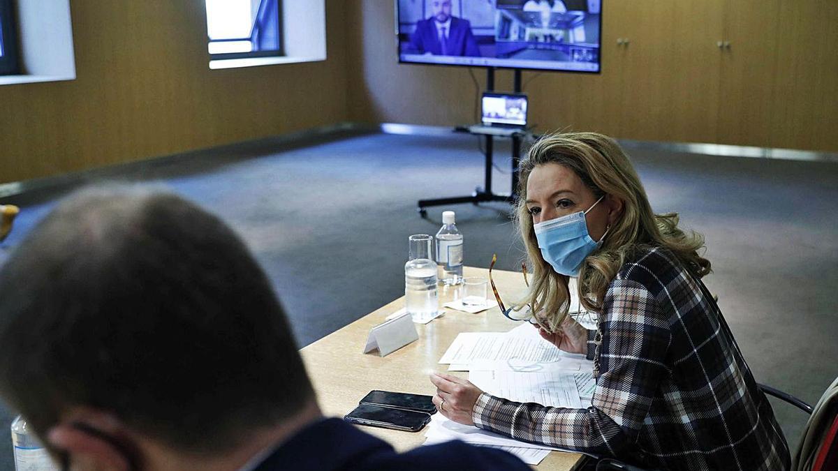 Teresa Mallada, junto al diputado del PP Pablo Álvarez Pire, durante la reunión con el Gobierno. Al fondo, en la pantalla, el presidente del Principado, Adrián Barbón, que acudió de forma telemática por hallarse en la recta final de su cuarentena, antes de conocer su segundo test negativo. | Efe