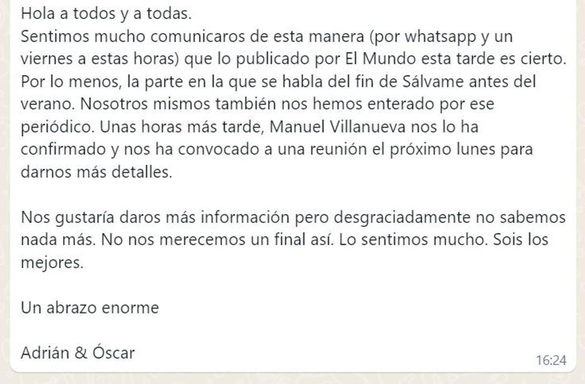 Mensaje que Óscar Cornejo y Adrián Madrid, directores de La Fábrica de la Tele, enviaron a la plantilla de 'Sálvame' tras la noticia de la cancelación del programa.