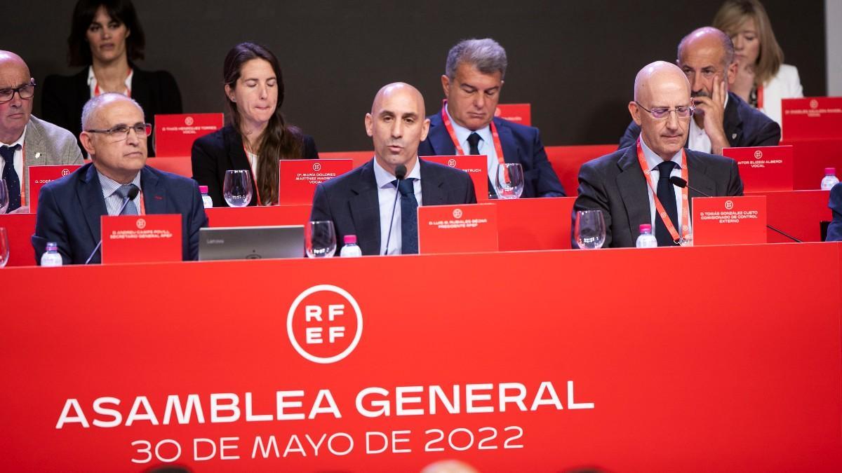 Luis Rubiales, hablando en la Asamblea de la RFEF