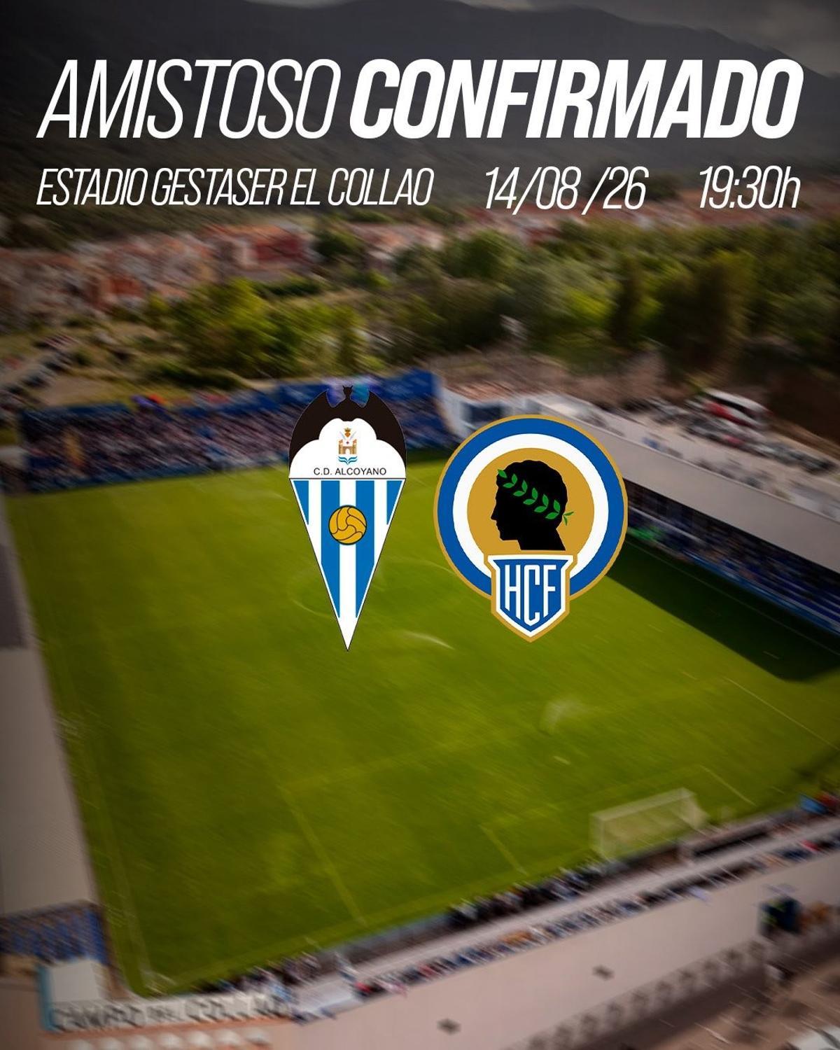 Cartela web con el anuncio del partido amistoso del Hércules en Alcoy este verano.
