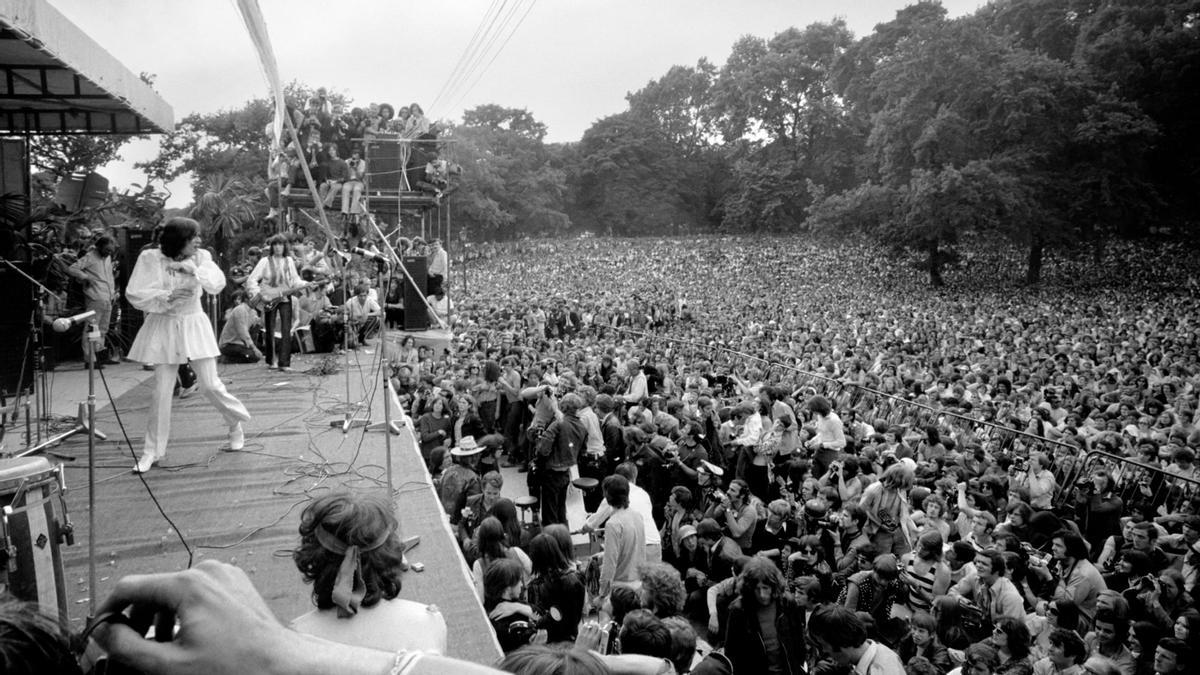 The Rolling Stones on stage at their free concert in London’s Hyde Park on 5 July 1969