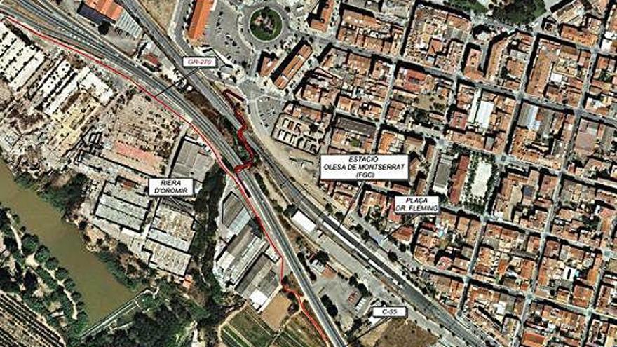 Representació del nou itinerari que enllaçarà el centre d&#039;Olesa amb la zona sud-oest, on es troba el Llobregat