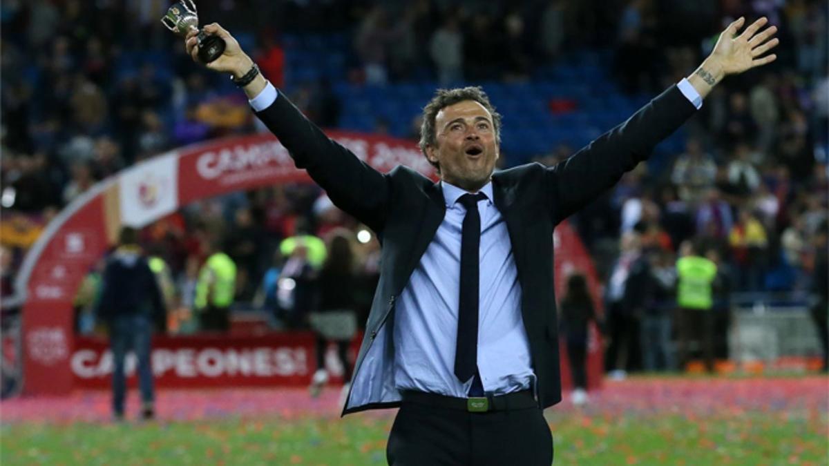 Luis Enrique, durante la celebración de la Copa del Rey en el Vicente Calderón