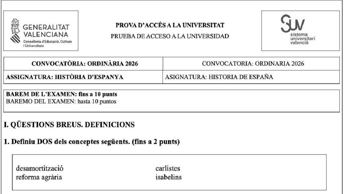 Examen de Historia de la PAU 2026 en la Comunitat Valenciana.