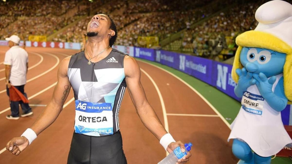 Orlando Ortega celebra su victoria en los 110 metros vallas del mitin de Bruselas.