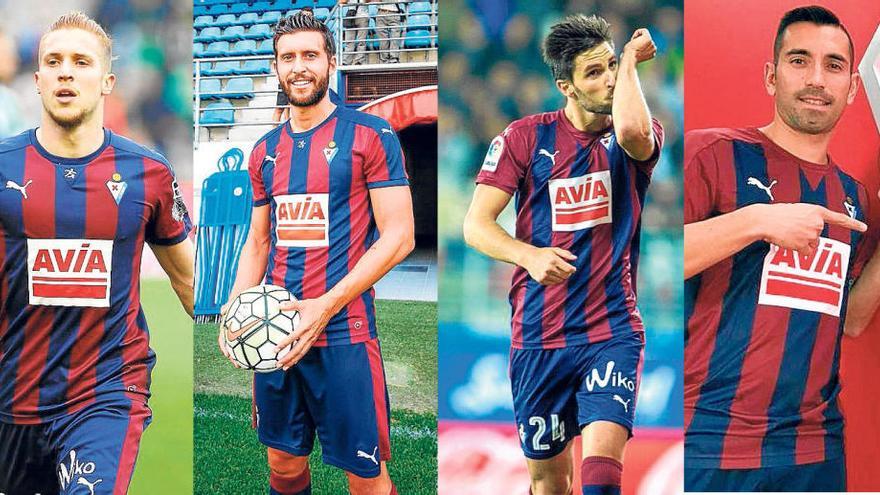 Keko Gontán, Borja Bastón, Adrián González y Charles Dias, jugadores que tienen el Eibar y el Málaga un pasado y presente común.