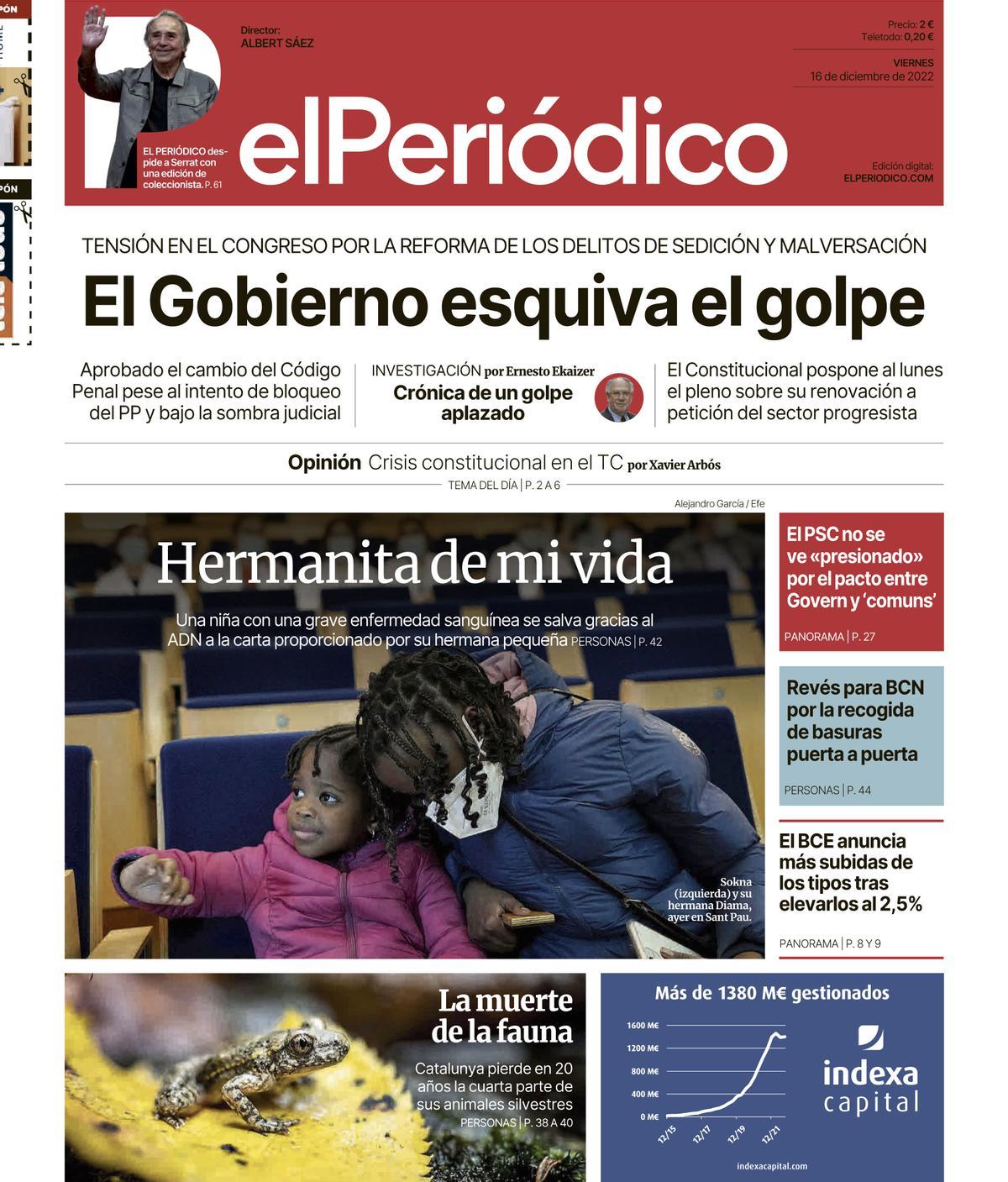 La portada d’EL PERIÓDICO del 16 de desembre del 2022