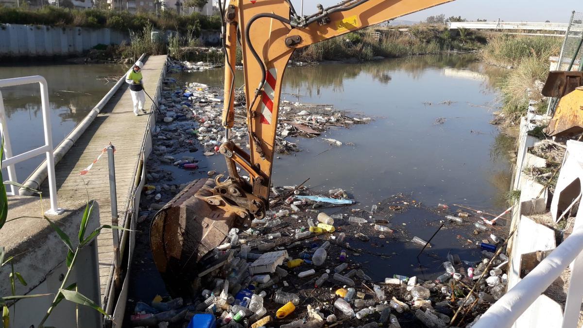 Imagen de la retirada de residuos flotantes y envases en la desembocadura del cauce viejo del Segura