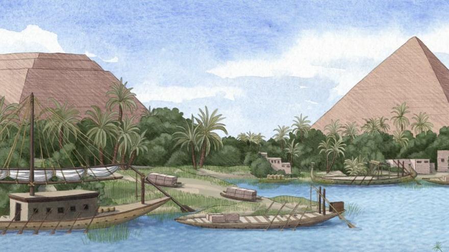 Reconstrucción artística del ahora desaparecido ramal de Khufu del río Nilo.