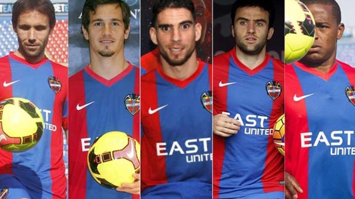 De izquierda a derecha: Joan Verdú, Lucas Orbán, Carl Medjani, Giuseppe Rossi y Mauricio Cuero, nuevos refuerzos del Levante en el mercado de invierno 2015/16