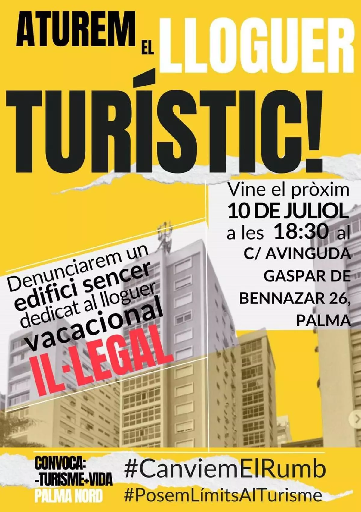 Menys turisme, més vida convoca una protesta frente a un edificio dedicado al alquiler turístico ilegal en Palma