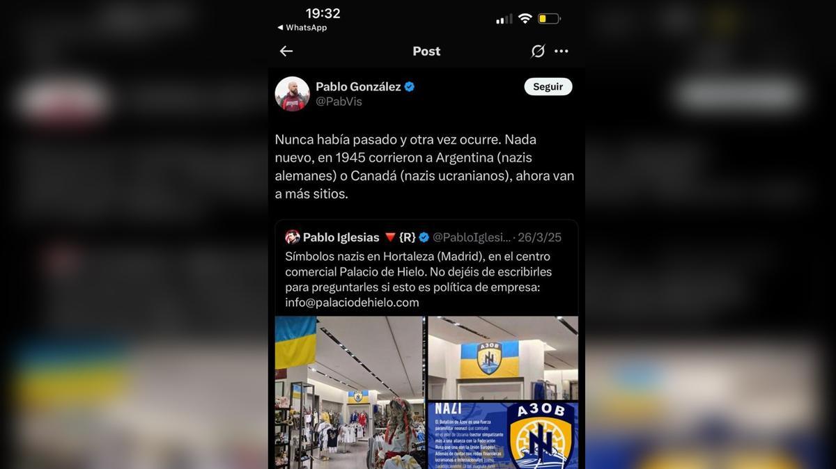 Captura de pantalla del post de Pablo Iglesias reproducido en X por el presunto espía Pablo González.