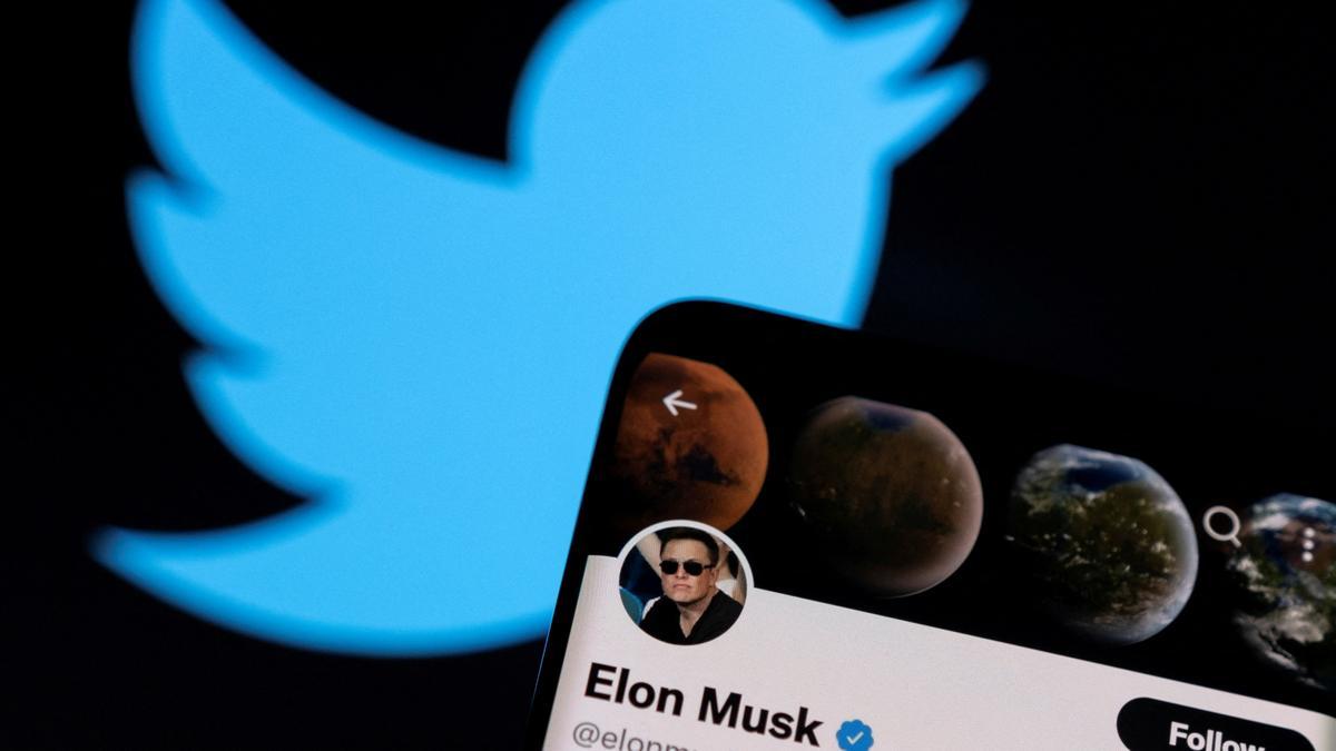 A photo illustration shows Elon Musk's twitter account and the Twitter logo