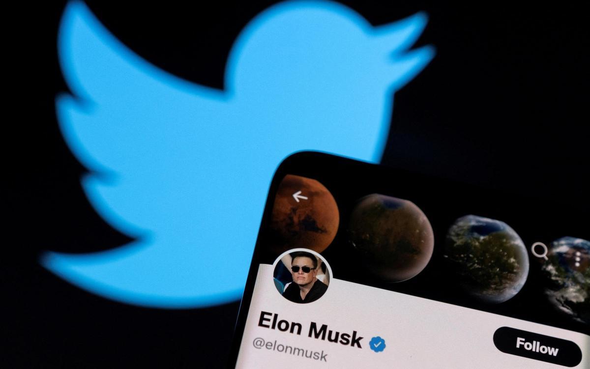 FILE PHOTO: A photo illustration shows Elon Musks twitter account and the Twitter logo