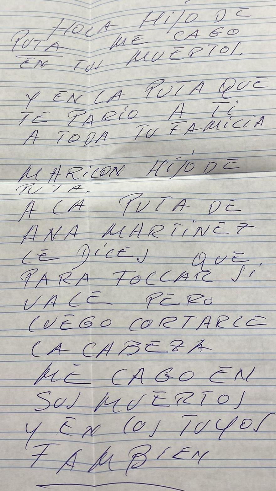 Carta a Juan José Molina con insultos a él y a Ana Martínez Vidal.