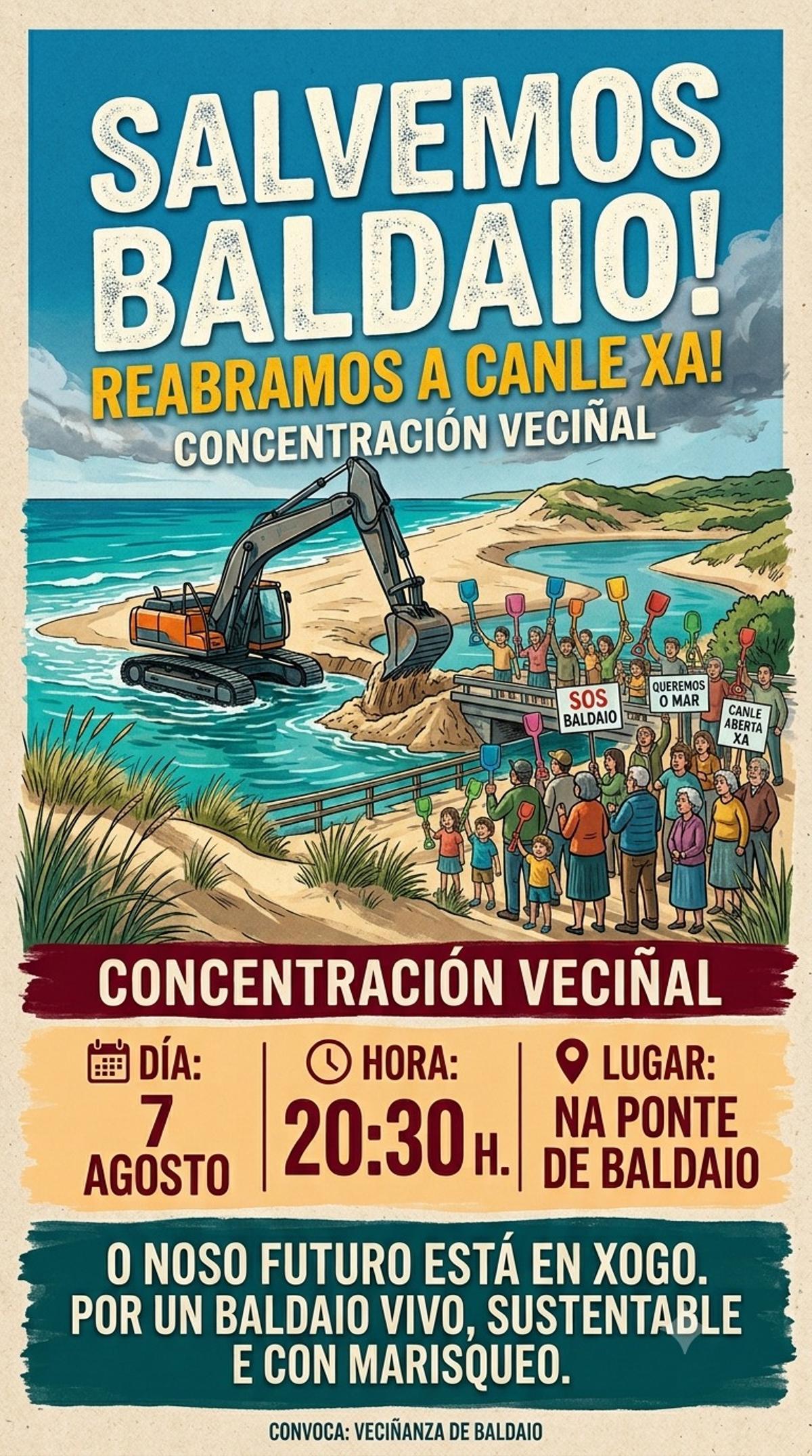 Cartel da convocatoria dunha nova concentración veciñal en Baldaio.