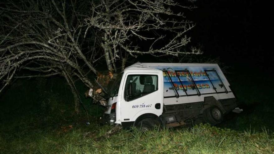 El camión, junto al árbol contra el que impactó tras salirse de la vía. // Bernabé/Víctor Espiño
