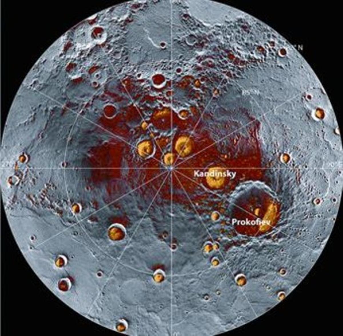 CRÀTERS GELATS 3 Imatge del radiotelescopi d’Arecibo (Puerto Rico) del pol nord de Mercuri superposada a un mosaic d’imatges del ’Messenger’. En vermell, les zones on hi ha gel. CRÀTERS GELATS 3 Imatge del radiotelescopi d’Arecibo (Puerto Rico) del pol nord de Mercuri superposada a un mosaic d’imatges del ’Messenger’. En vermell, les zones on hi ha gel.