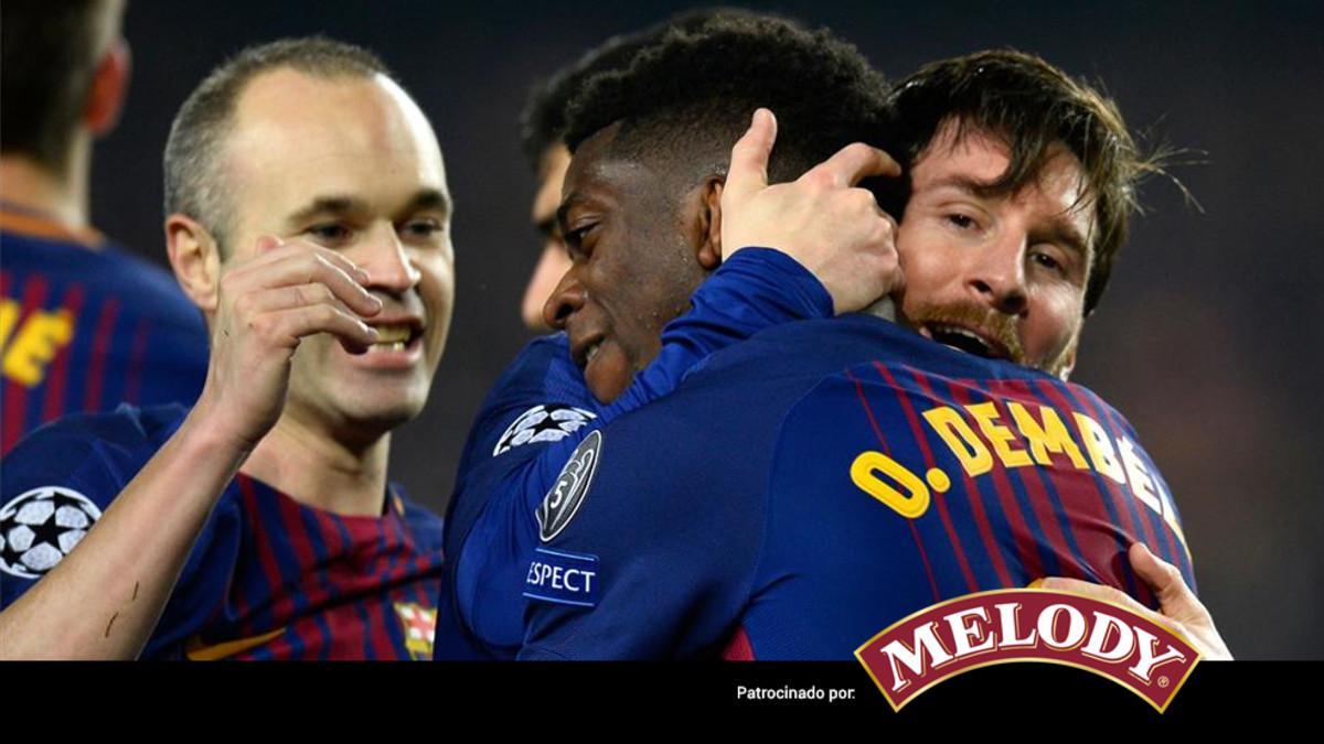 Iniesta y Messi felicitan a Dembélé por su primer gol de blaugrana