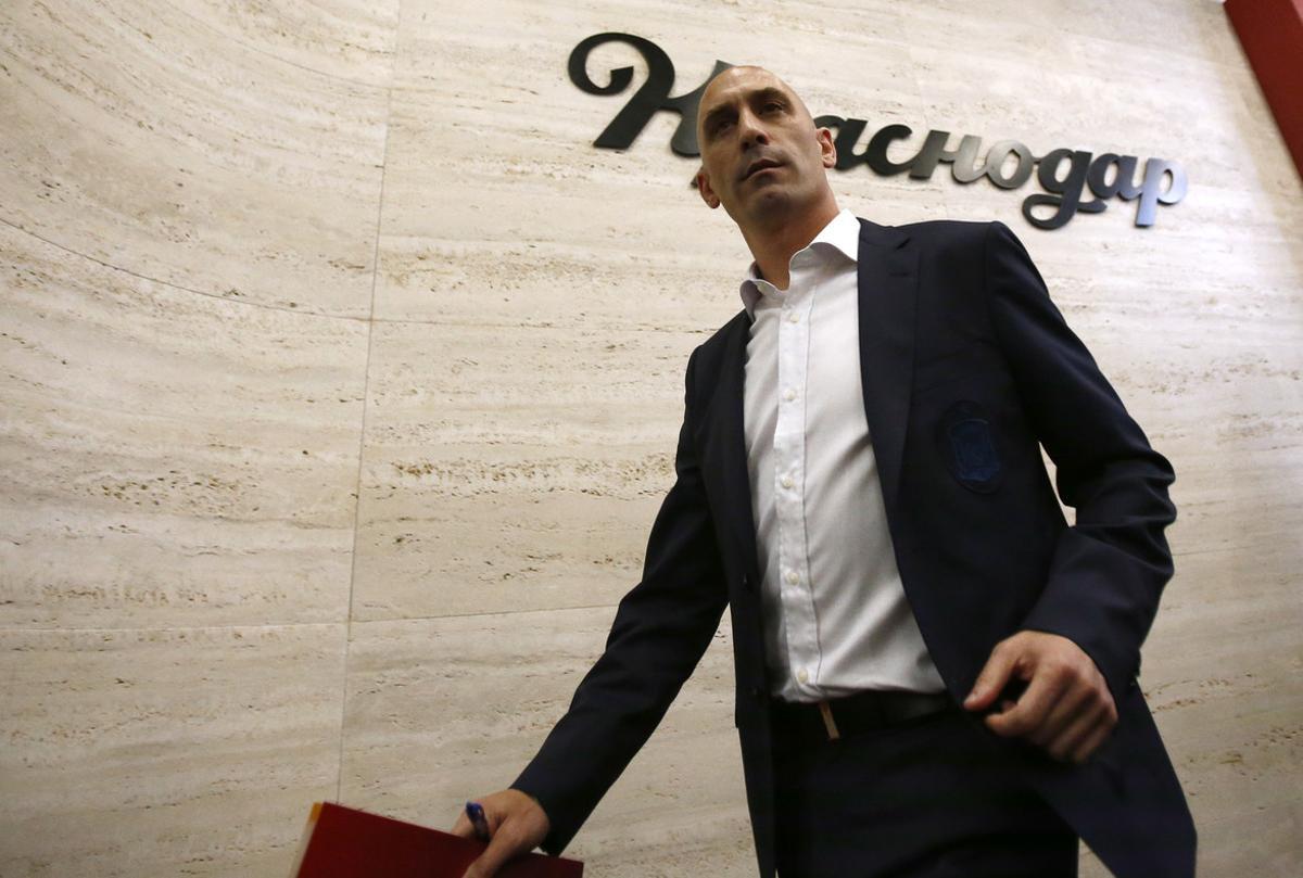 Spanish football president Luis Rubiales leaves a press conference at the 2018 soccer World Cup in Krasnodar, Russia, Wednesday, June 13, 2018. The Spanish soccer federation has fired coach Julen Lopetegui two days before the country’s opening World Cup match against Portugal. Lopetegui was let go a day after Real Madrid announced him as its new coach following the World Cup. (AP Photo/Manu Fernandez)