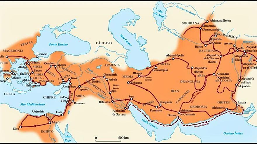 Mapa de la expedición de Alejandro Magno. Fuente: Wikipedia