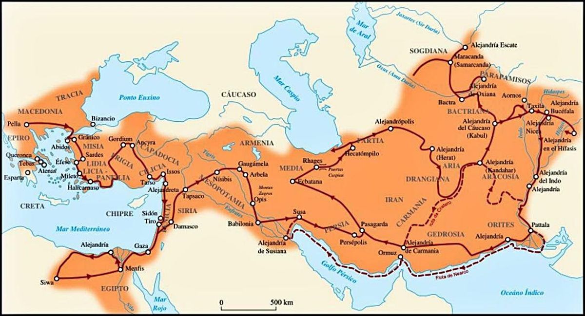 Mapa de la expedición de Alejandro Magno. Fuente: Wikipedia