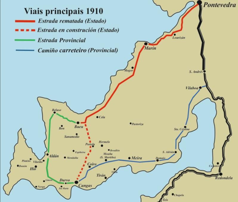 Mapa cos principais viais na comarca do Morrazo cara a 1910.