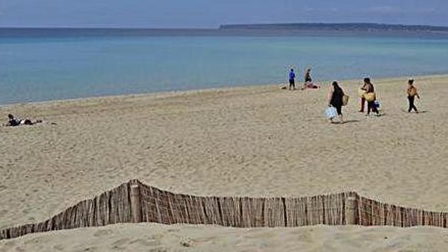 Bañistas en la playa de Migjorn. Al fondo, la zona de es Cap de Barbaria.