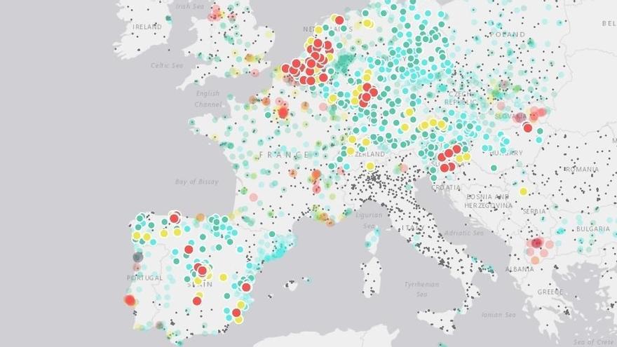 Así aparece hoy Asturias en el mapa europeo de la contaminación