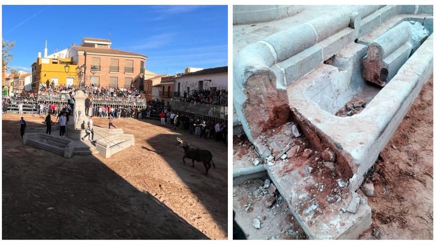 Una vaca rompe una histórica fuente durante una exhibición en Castellón