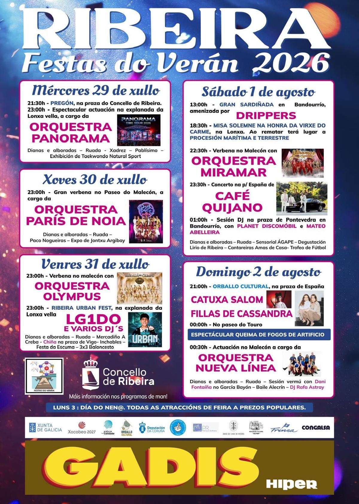 Cartel promocional das festas do verán de Ribeira 2026.
