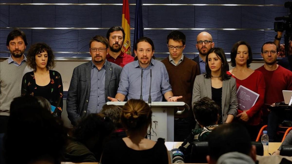 Pablo Iglesias, en la rueda de prensa que ha ofrecido junto a miembros de su grupo, este viernes en el Congreso.