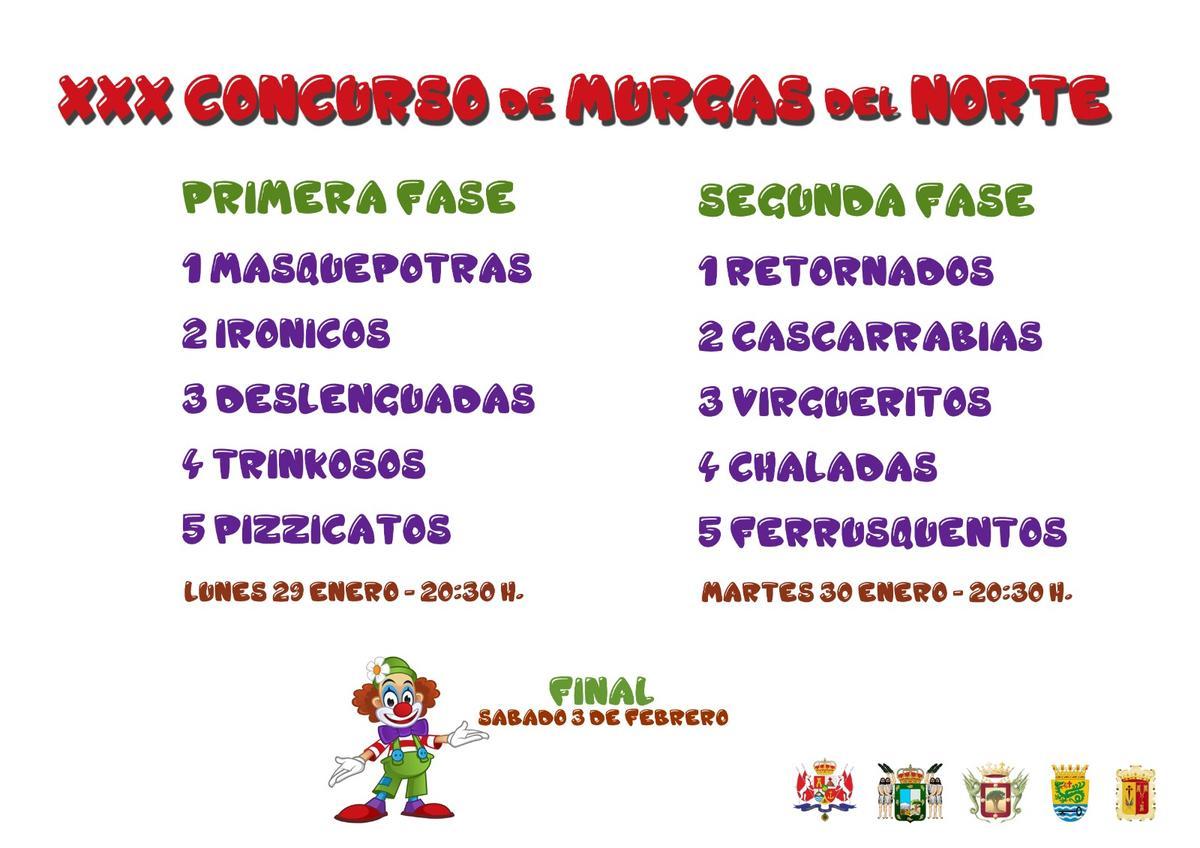 Orden del sorteo de actuación de las murgas adultas del Norte.