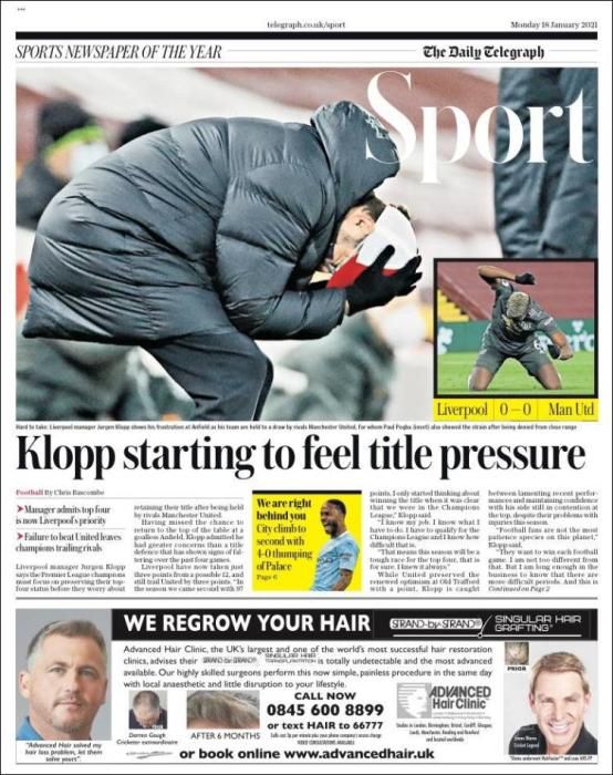 Portada TELEGRAPH SPORT lunes 18 enero 2021