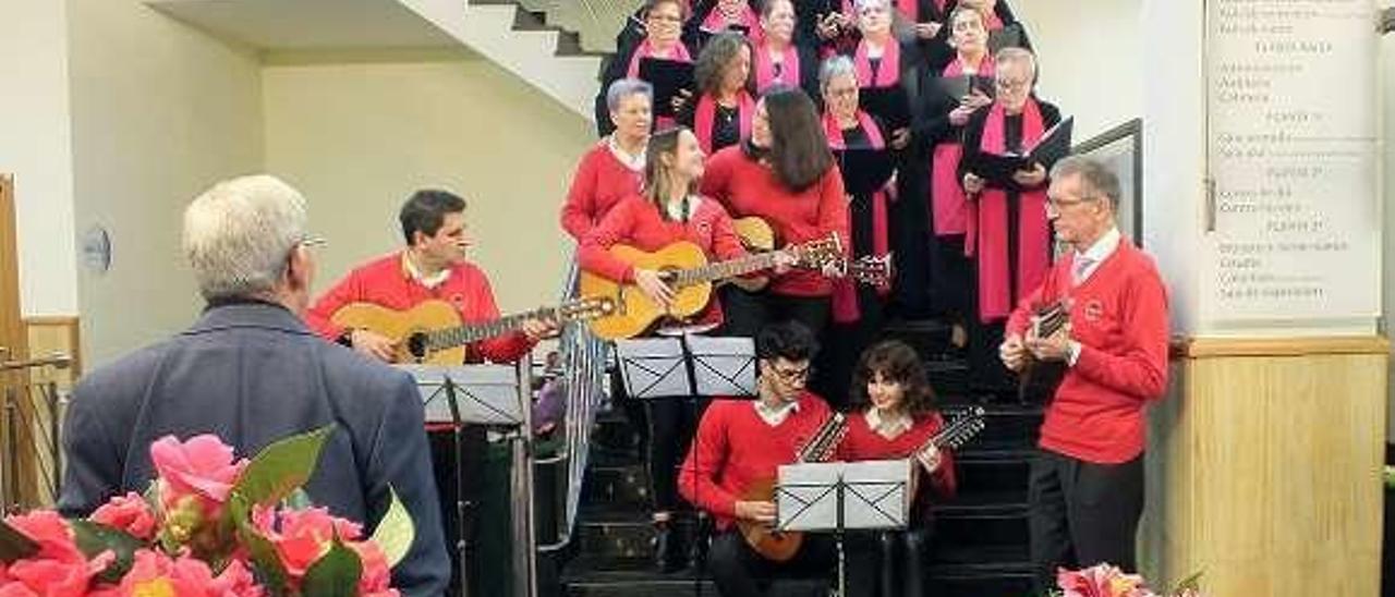 Arriba, varias mujeres observan las camelias expuestas en el Auditorio. En la imagen inferior, una actuación ofrecida durante el acto inaugural. // FdV