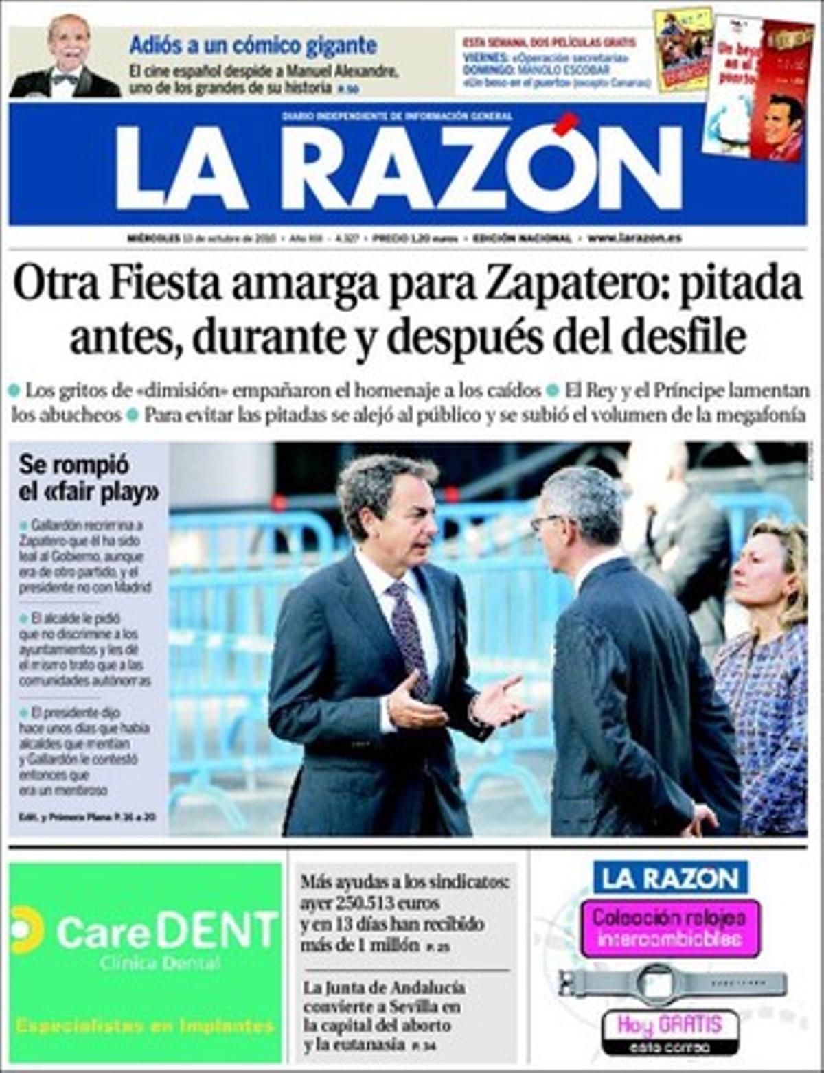 ’La Razón’ ofereix com a colofó a la informació de la desfilada militar del Dia de la Hispanitat del 12 d’octubre una complerta crònica rosa dels vestits que lluïen les convidades de les tribunes d’honor, i també que Itàlia avança la seva retirada de l’Afganistan a l’estiu que ve.