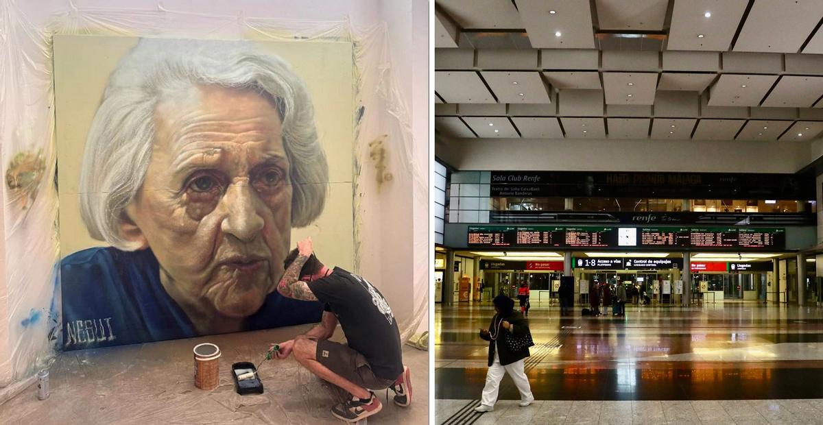 A la izquierda, el artista, en 2025, en plena realización del retrato. A la derecha, la Estación Málaga María Zambrano.