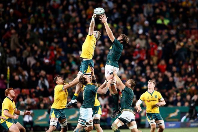 Izack Rodda (I) de Australia y Lood de Jager (D) de sudafrica luchan por la pelota durante el partido de la Rugby Championship 2019 , en el Emirates Airline Park en Johannesburgo.